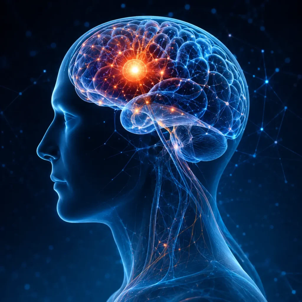 Rappresentazione tridimensionale del capo con attività cerebrale evidenziata