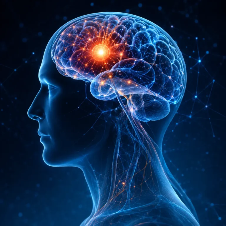Representación tridimensional de la cabeza con actividad cerebral destacada