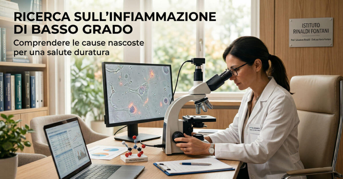 Ricercatrice in camice al microscopio in un laboratorio dell'Istituto Rinaldi Fontani, con immagini di colture cellulari sullo schermo. Titolo sovrimpresso: Ricerca sull'infiammazione di basso grado.