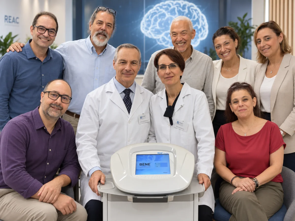 Gruppe von Fachleuten, einige in weißen Kitteln, versammelt um das Medizinprodukt BENE Mod 110 auf Basis der REAC®-Technologie