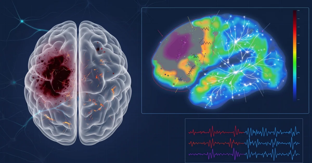 Illustrazione dell'attività cerebrale dopo un ictus: mappa a falsi colori dell'area ischemica e delle aree perfuse, con tracciato EEG in basso.