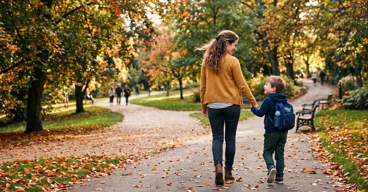 Mutter und Sohn, die im Herbst Hand in Hand in einem Park gingen, hoben den Rücken.