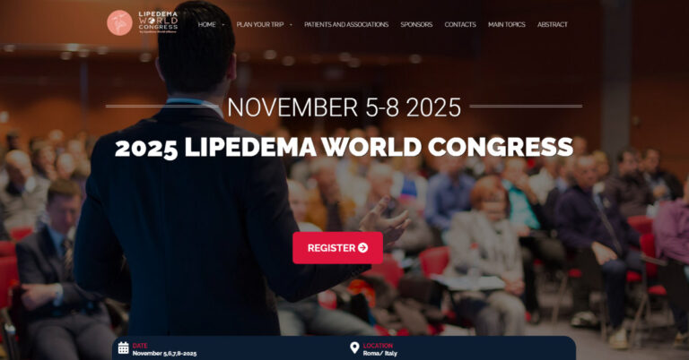 Schermata del sito del Lipedema World Congress 2025 (Roma, 5-8 novembre 2025), con un relatore davanti alla platea.