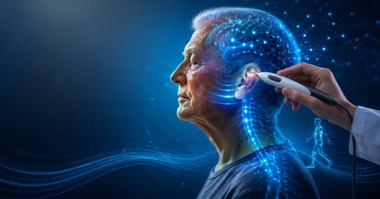 Illustrazione: uomo anziano di profilo con una rappresentazione luminosa dell'attività cerebrale; una mano avvicina all'orecchio una sonda applicativa.